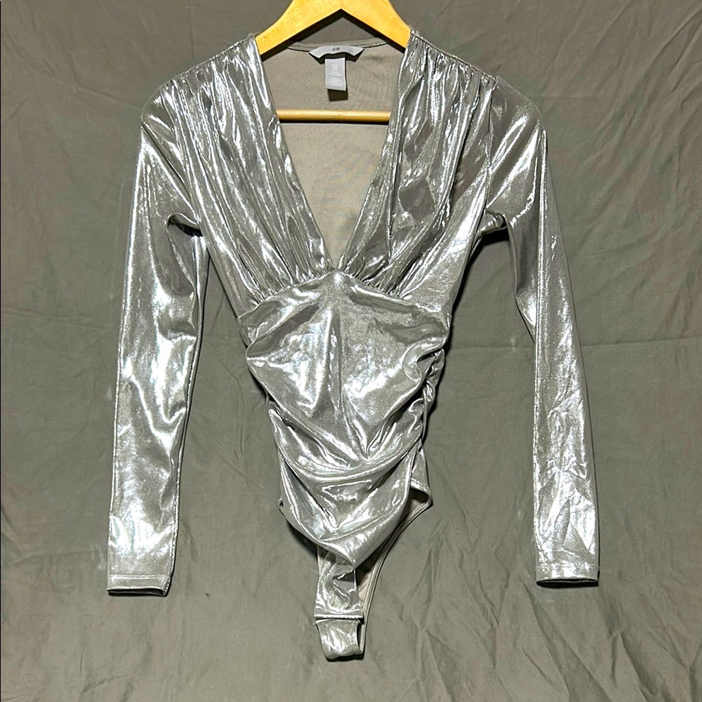 H&M Silver Metallic Long Sleeve Bodysuit
